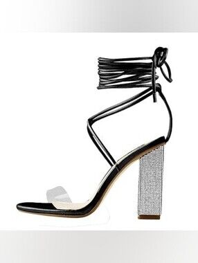 Only Maker Strappy Black Ankle-Tie Block Heel Sandals with Rhinestone Heel